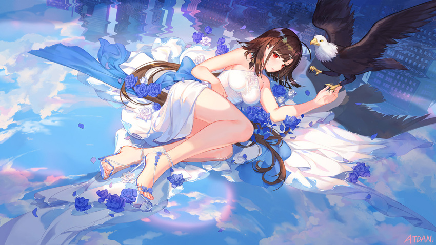 1girl animal artist_name atdan azur_lane bald_eagle bare_arms bare_legs bare_shoulders bird blue_flower blue_ribbon blue_sky breasts brown_hair building commentary day dress eagle feet flower hair_ornament hairclip high_heels independence_(azur_lane) large_breasts long_hair looking_at_viewer low_ponytail lying mole on_side outdoors parted_lips petals red_eyes reflection ribbon ripples rose sky sleeveless sleeveless_dress slit_pupils solo sunlight thighs toes very_long_hair water white_dress