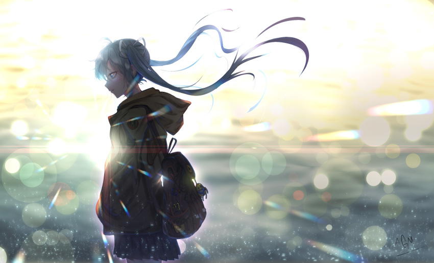 1girl absurdres aqua_eyes cowboy_shot from_side hands_in_pockets hatsune_miku highres hood hoodie lens_flare long_hair omone_hokoma_agm signature skirt solo twintails vocaloid