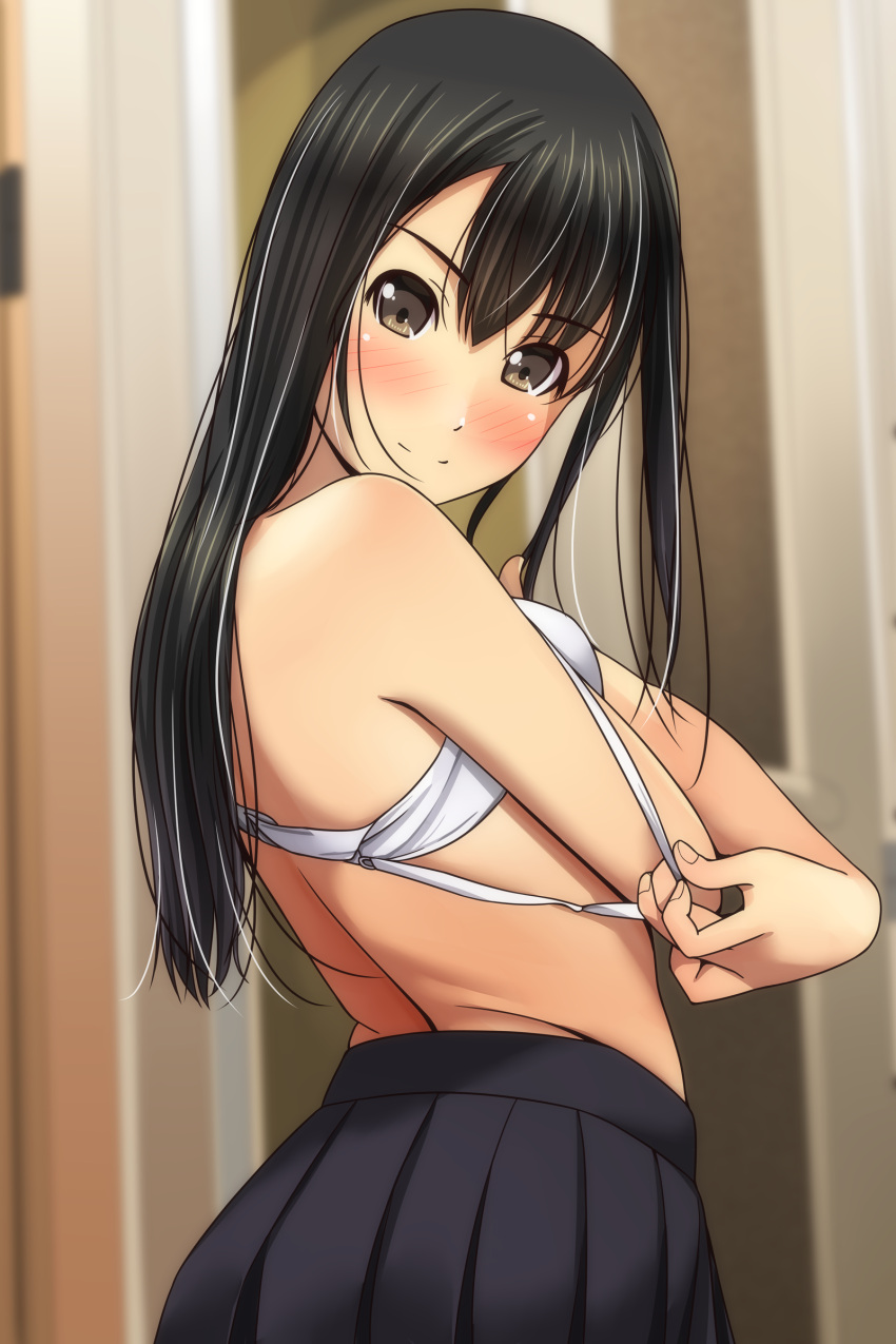 &gt;:) 1girl absurdres bangs bare_arms bare_shoulders black_hair black_skirt blurry blurry_background blush bra brown_eyes closed_mouth depth_of_field eyebrows_visible_through_hair fingernails hair_between_eyes highres long_hair looking_at_viewer looking_to_the_side matsunaga_kouyou no_shirt nose_blush original pleated_skirt pulled_by_self skirt smile solo standing strap_pull underwear undressing v-shaped_eyebrows white_bra