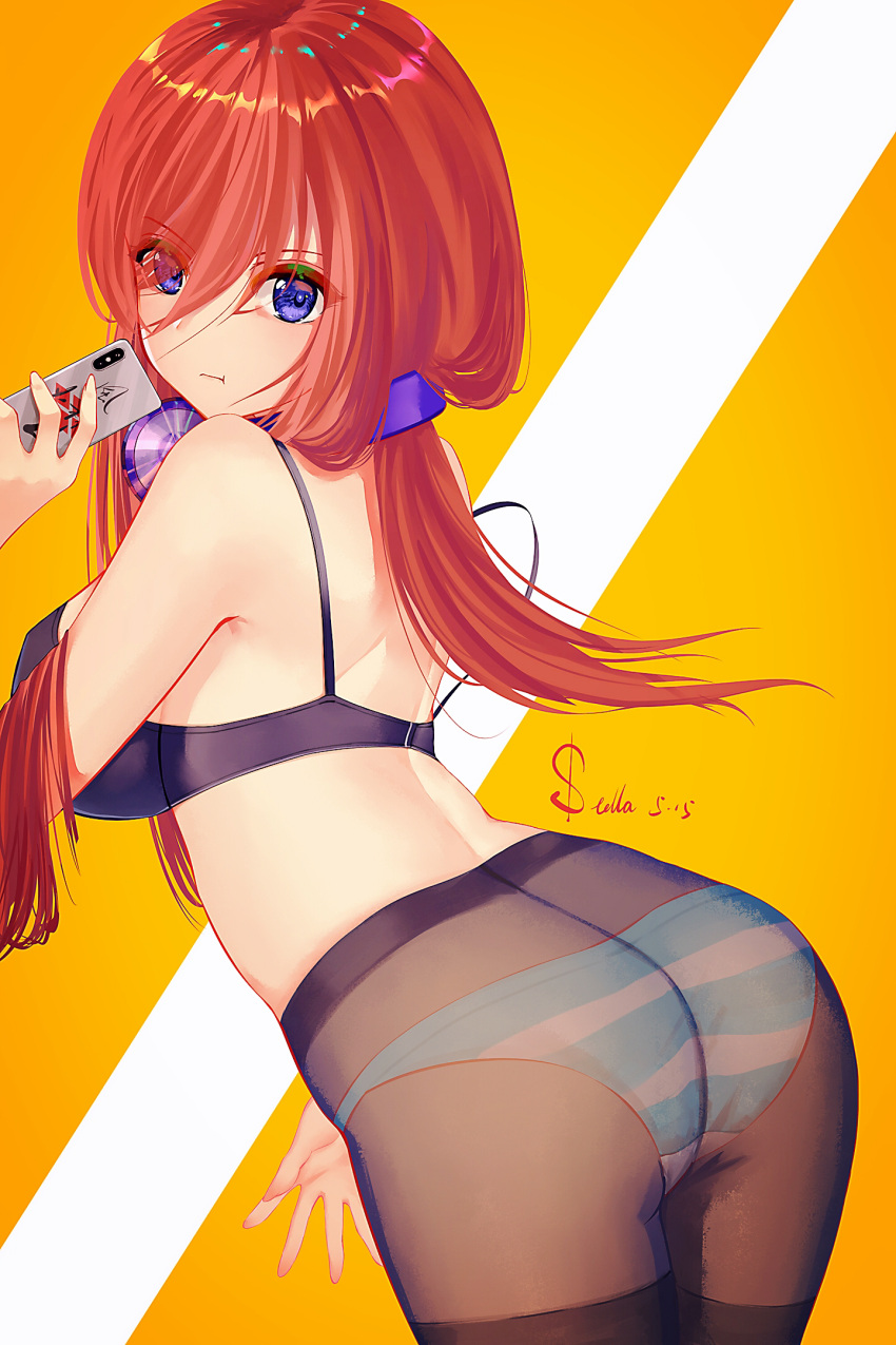 1girl ass bangs black_legwear blue_eyes bra brown_hair cellphone closed_mouth eyebrows_visible_through_hair go-toubun_no_hanayome hair_between_eyes headphones headphones_around_neck highres long_hair medium_hair nakano_miku panties pantyhose phone pout stellanfleuret striped striped_panties underwear