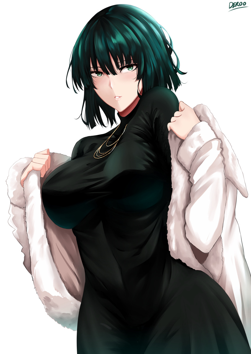 1girl absurdres bangs black_dress blunt_bangs blush breasts commentary_request covered_navel deroo dress fubuki_(one-punch_man) green_eyes green_hair half-closed_eyes highres jacket jewelry large_breasts long_sleeves looking_at_viewer necklace one-punch_man parted_lips removing_jacket short_hair simple_background solo white_background white_jacket
