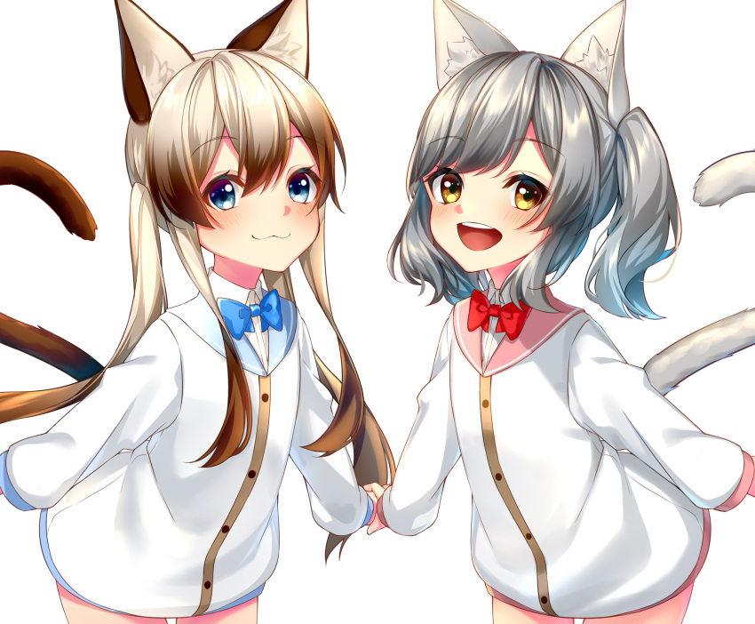 2girls :3 :d animal_ear_fluff animal_ears bangs blue_bow blue_eyes blue_sailor_collar blush bow bowtie brown_eyes brown_hair cat_ears cat_girl cat_tail closed_mouth collared_shirt commentary_request cowboy_shot dress_shirt eyebrows_visible_through_hair grey_hair hair_between_eyes highres jacket leaning_forward light_brown_hair long_hair long_sleeves looking_at_viewer multicolored_hair multiple_girls open_mouth original pink_sailor_collar puffy_long_sleeves puffy_sleeves red_neckwear round_teeth rukinya_(nyanko_mogumogu) sailor_collar shadow shirt sleeves_past_wrists smile standing tail tail_raised teeth twintails two-tone_hair upper_teeth very_long_hair white_background white_jacket white_shirt