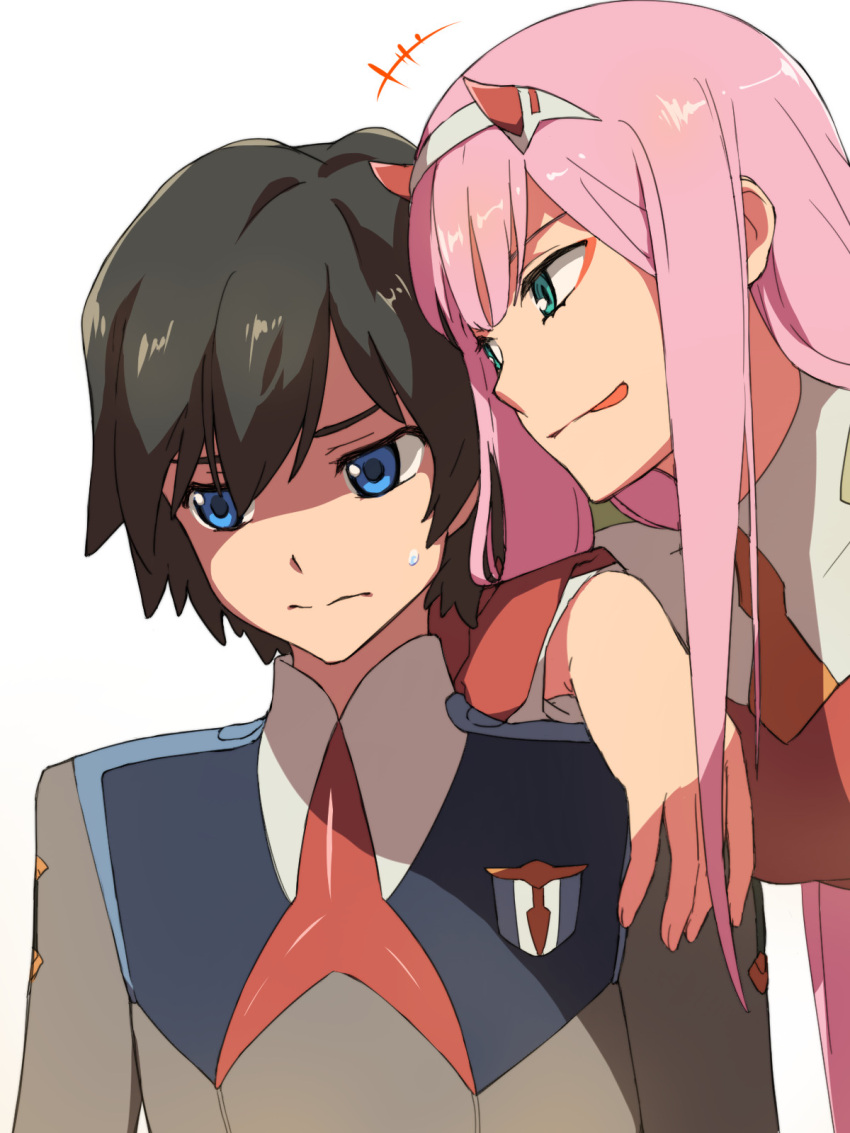 +++ 1boy 1girl arm_over_shoulder bangs black_hair blue_eyes chiharu_(9654784) commentary_request couple darling_in_the_franxx green_eyes hair_ornament hairband hetero highres hiro_(darling_in_the_franxx) horns lipstick long_hair long_sleeves looking_at_another makeup military military_uniform necktie oni_horns orange_neckwear pink_hair red_horns red_neckwear sweatdrop tongue tongue_out uniform white_hairband zero_two_(darling_in_the_franxx)