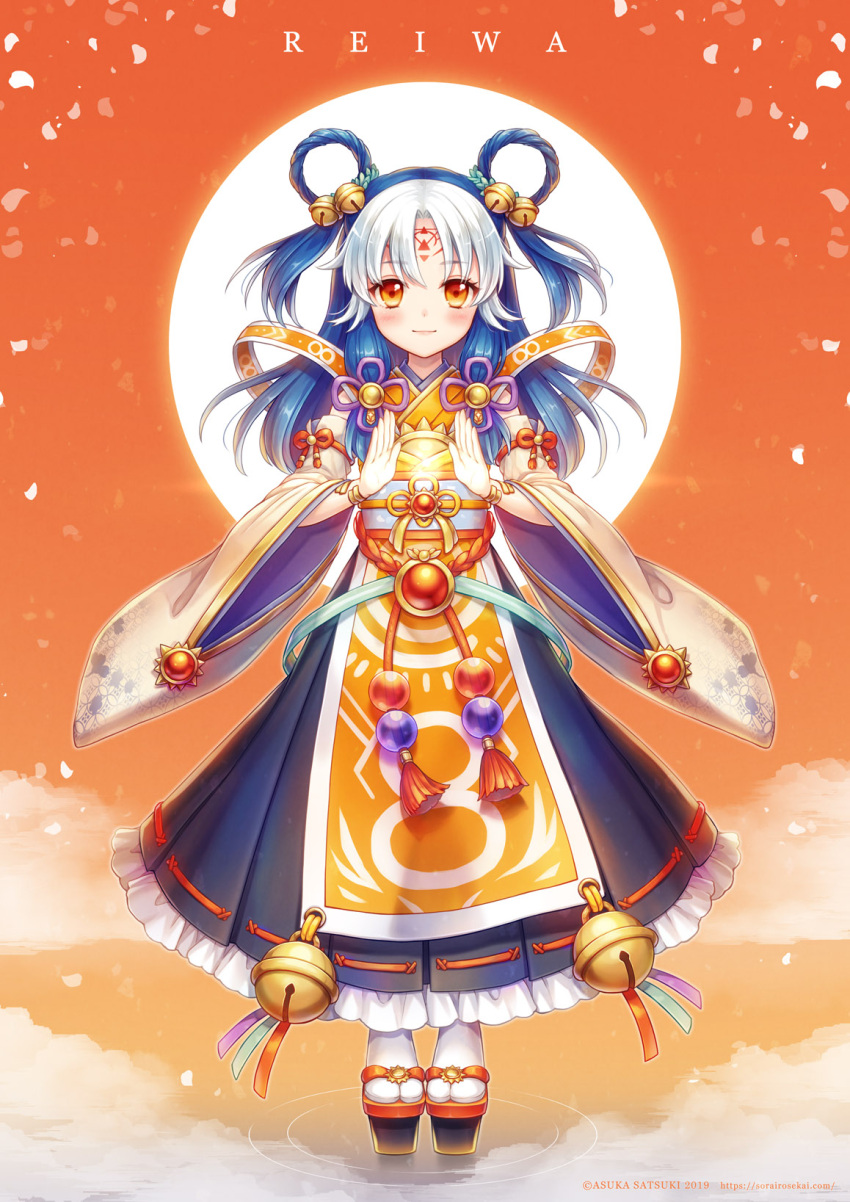 1girl artist_name bangs bell blue_hair blush brown_eyes cannan forehead_tattoo full_body hair_rings hands_up highres jingle_bell long_hair looking_at_viewer multicolored_hair orange_background original personification platform_footwear reiwa ribbon-trimmed_skirt ribbon_trim ripples simple_background solo standing tassel two-tone_hair watermark web_address white_hair white_legwear wide_sleeves