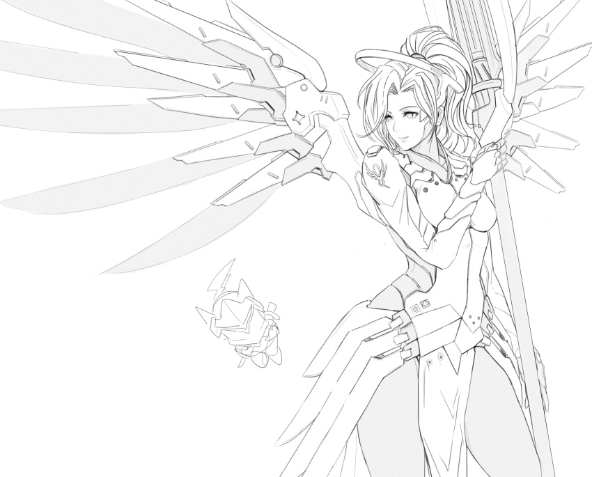 1girl armor bodysuit breasts chibi chibi_inset cowboy_shot cyborg emblem eyelashes faulds forehead_protector genji_(overwatch) greyscale helmet high_ponytail highres holding holding_staff lips looking_to_the_side mechanical_halo mechanical_wings medium_breasts medium_hair mercy_(overwatch) monochrome mr4891102 overwatch pelvic_curtain simple_background sketch smile solo spread_wings staff white_background wings