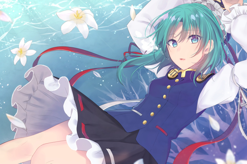 1girl arm_ribbon arms_up asa_(coco) bangs black_skirt blue_eyes blue_headwear blue_vest breasts commentary eyebrows_visible_through_hair feet_out_of_frame flower frilled_hat frilled_sleeves frills green_hair hair_between_eyes hat hat_removed hat_ribbon headwear_removed juliet_sleeves light_rays long_sleeves looking_at_viewer miniskirt parted_lips petals petticoat puffy_sleeves red_ribbon ribbon ribbon-trimmed_skirt ribbon_trim shiki_eiki short_hair skirt small_breasts solo touhou underwater vest white_flower white_ribbon