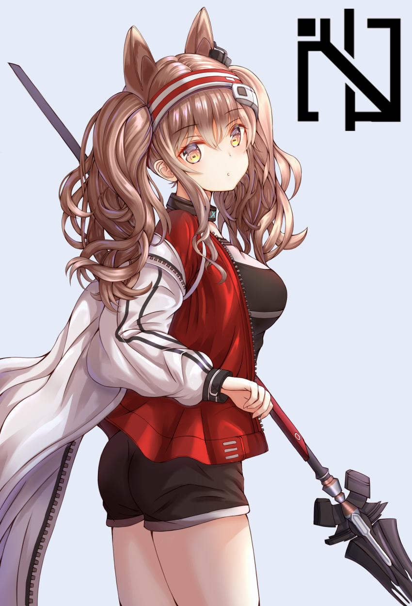 1girl absurdres angelina_(arknights) animal_ears arknights black_shorts blush breasts brown_eyes brown_hair casual choker eyebrows_visible_through_hair hairband highres holding holding_wand jacket jacket_on_shoulders long_sleeves looking_at_viewer open_mouth pants red_jacket rino_rea shirt shorts simple_background solo standing striped_jacket t-shirt twintails wand waving white_jacket zipper