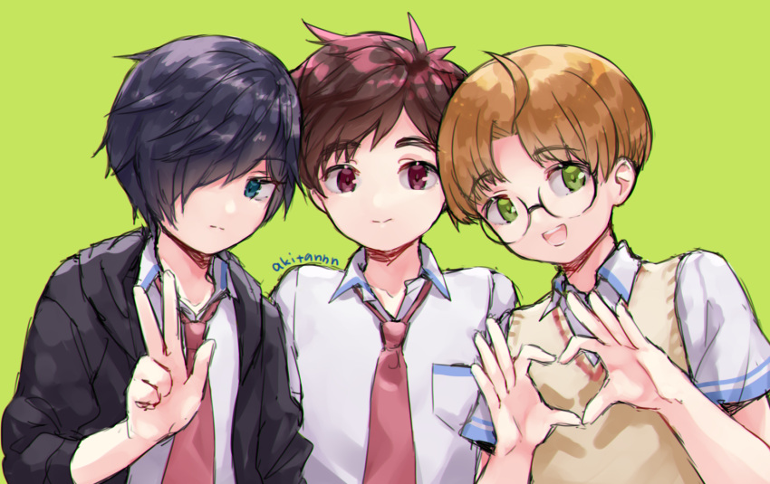 3boys artist_name black_hair black_jacket blue_eyes brown_hair glasses green_eyes hair_over_one_eye heart heart_hands jacket jinnai_enta kuji_toi light_brown_hair male_focus glasses_shinchuu multiple_boys necktie open_mouth red_eyes sarazanmai shirt short_sleeves smile standing sweater_vest upper_body v white_shirt yasaka_kazuki