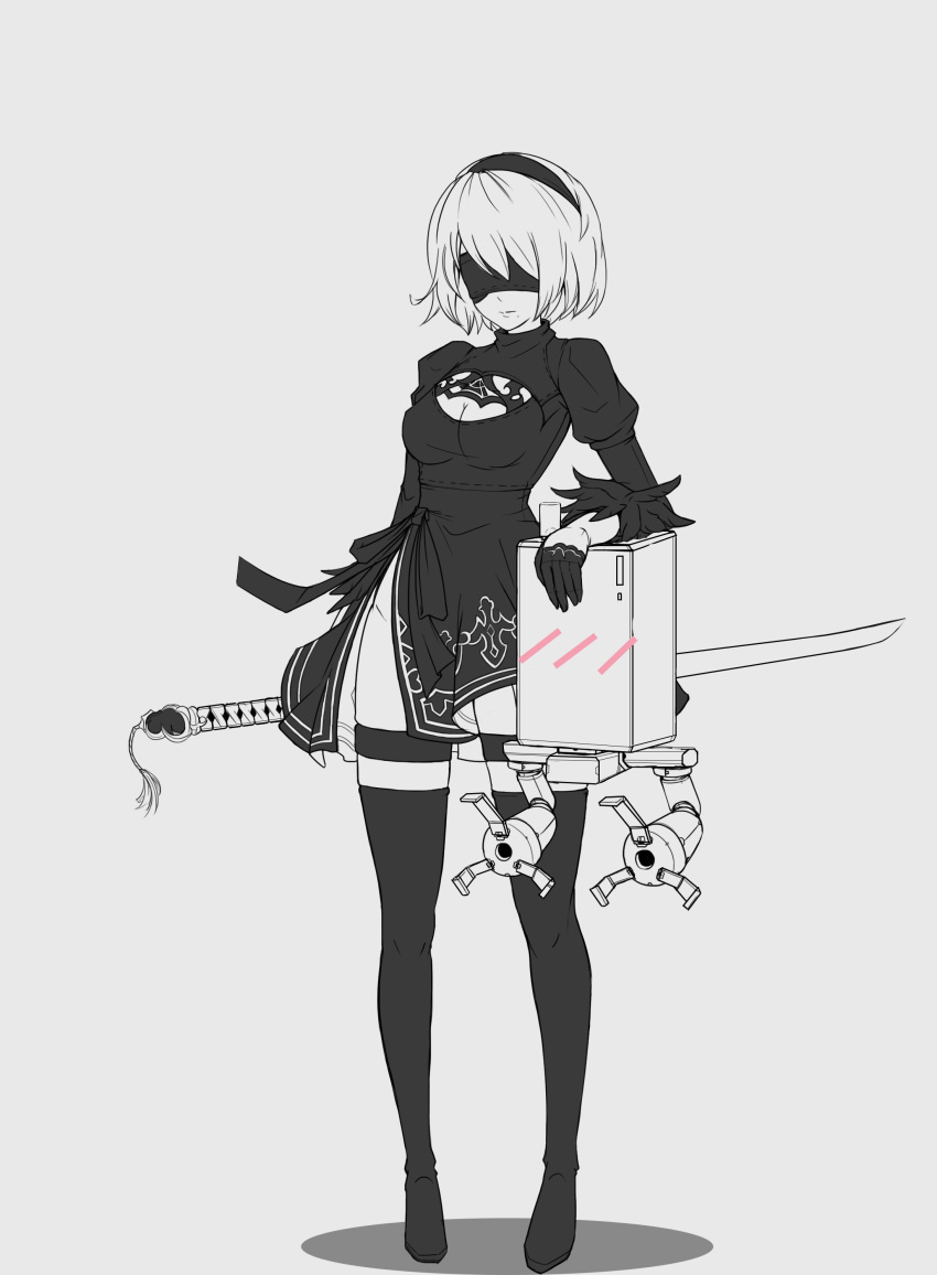 1girl absurdres black_blindfold black_dress black_hairband black_legwear blindfold blush blush_stickers breasts cleavage_cutout covered_eyes dress drone feather-trimmed_sleeves feather_trim full_body greyscale hairband highres juliet_sleeves katana long_sleeves medium_breasts mole mole_under_mouth monochrome mr4891102 nier_(series) nier_automata pod_(nier_automata) puffy_sleeves robot short_hair simple_background sketch solo spot_color sword thigh-highs virtuous_contract weapon white_background yorha_no._2_type_b