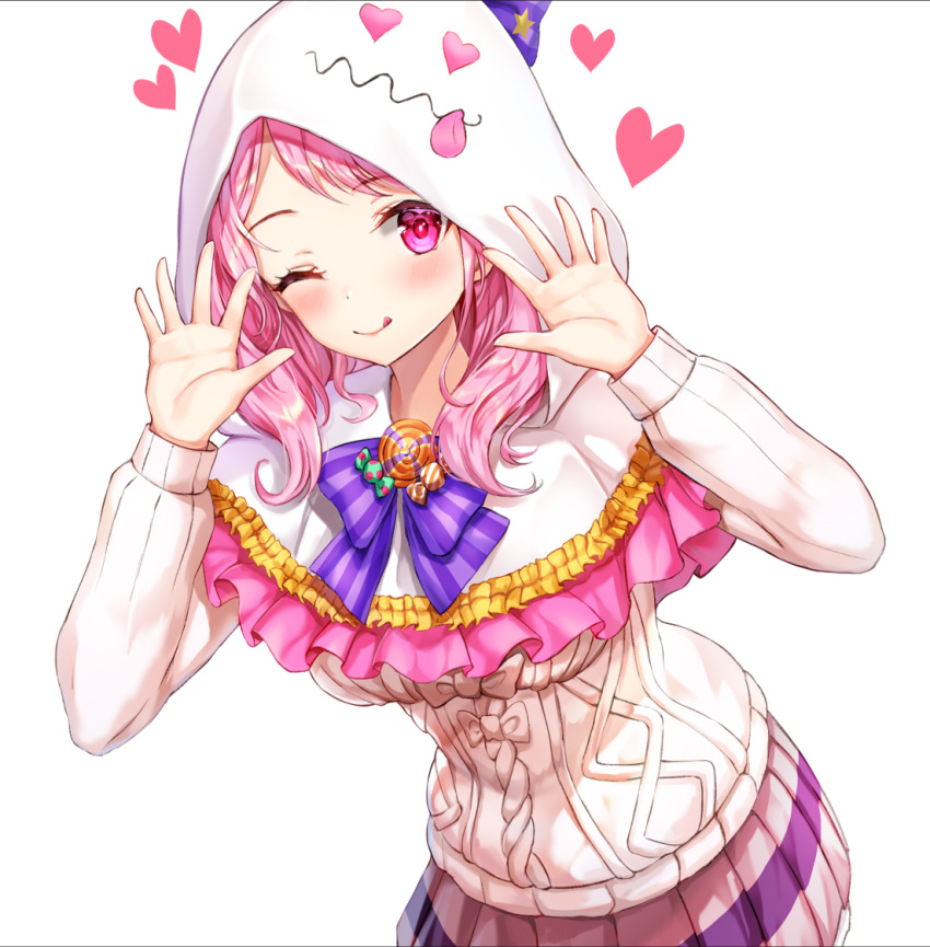 1girl ;q aran_sweater bang_dream! bangs blush bow closed_mouth eyebrows_visible_through_hair hands_up heart hood hood_up long_hair looking_at_viewer lunacle maruyama_aya one_eye_closed pink_hair pink_skirt pleated_skirt purple_bow simple_background skirt smile solo striped striped_bow sweater tongue tongue_out violet_eyes white_background white_sweater