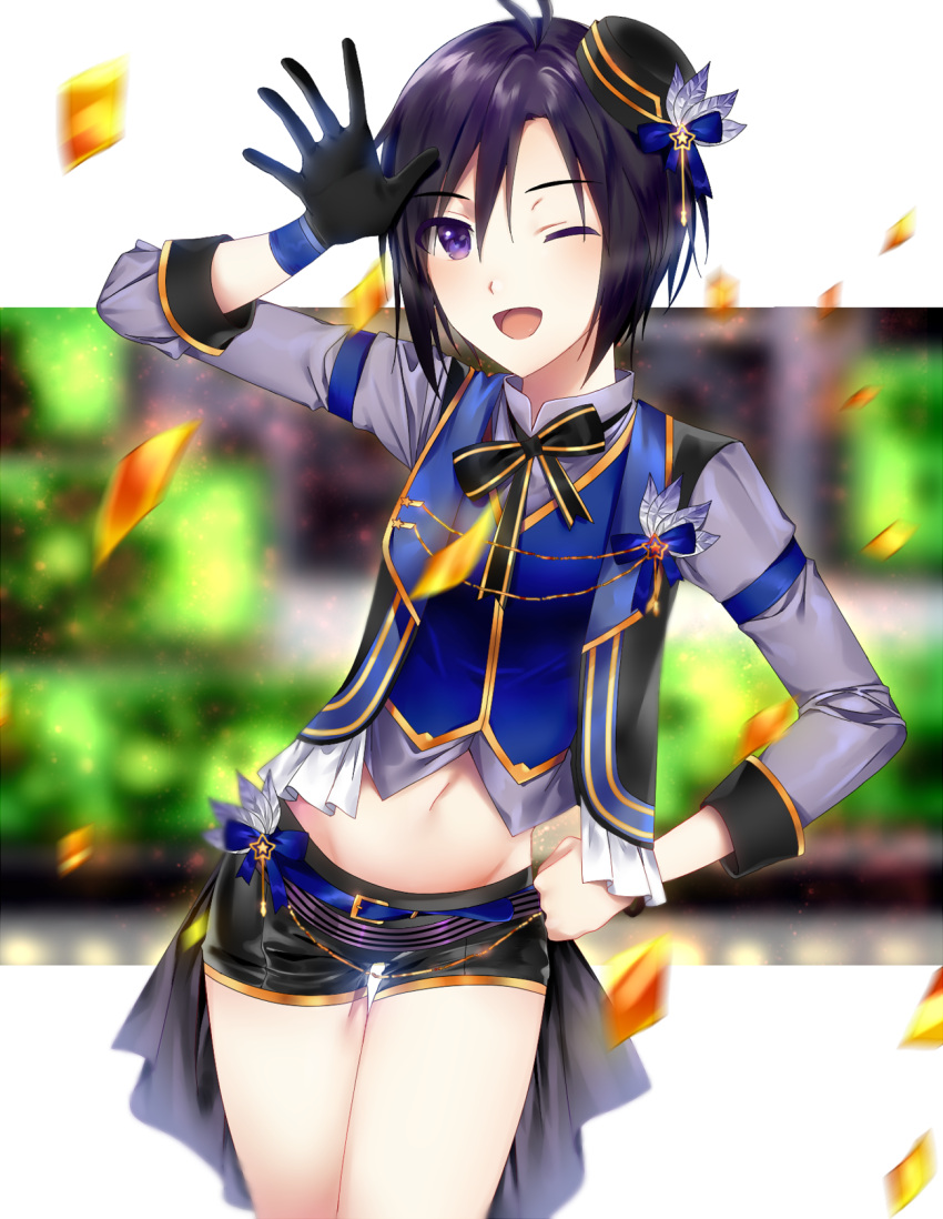 1girl ;d antenna_hair asymmetrical_gloves black_gloves black_hair black_shorts blue_eyes blurry blurry_background contrapposto gloves groin hachiware hair_between_eyes highres idolmaster idolmaster_(classic) kikuchi_makoto long_sleeves looking_at_viewer midriff navel one_eye_closed open_mouth shiny shiny_hair short_hair short_shorts shorts single_glove smile solo stomach thigh_gap