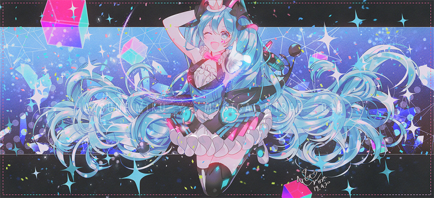 1girl 2019 ;d absurdly_long_hair arm_up armpits black_legwear blue_eyes blue_hair blush border character_name colorful confetti copyright_name cube dated dress eyebrows_visible_through_hair facepaint flat_chest frilled_dress frills full_body gloves hat hatsune_miku hzrn_(ymj924) index_finger_raised letterboxed long_hair looking_at_viewer magical_mirai_(vocaloid) mini_hat mini_top_hat multicolored multicolored_background neck_ribbon one_eye_closed open_mouth outside_border pink_ribbon pointing pointing_at_viewer polka_dot polka_dot_background ribbon signature smile solo sparkle sparkle_background thigh-highs thighs top_hat twintails very_long_hair vocaloid white_gloves zettai_ryouiki