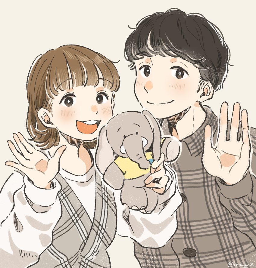1boy 1girl :d absurdres bangs beige_background black_eyes black_hair blunt_bangs brown_hair character_request collared_shirt commentary_request dress grey_shirt hand_up highres holding holding_stuffed_animal kana_(okitasougo222) long_sleeves looking_at_viewer mole mole_under_eye open_mouth pinafore_dress plaid plaid_dress plaid_shirt real_life shirt short_hair simple_background smile stuffed_animal stuffed_elephant stuffed_toy twitter_username upper_body waving white_shirt