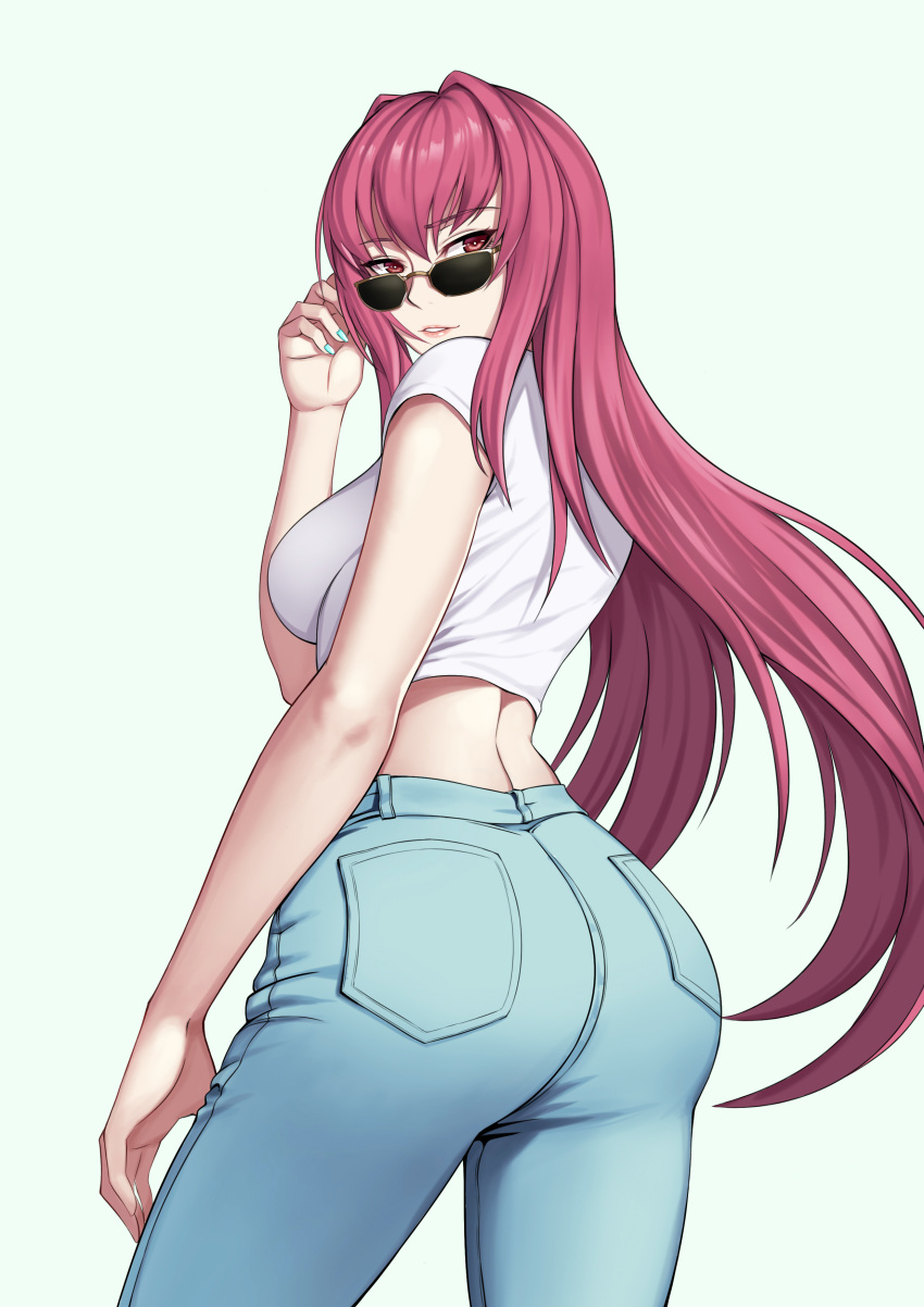 1girl absurdres adjusting_eyewear ass bangs blue_pants breasts casual commentary_request eyebrows_visible_through_hair fate/grand_order fate_(series) from_behind hair_between_eyes highres large_breasts long_hair looking_at_viewer looking_back midriff pants parted_lips purple_hair red_eyes scathach_(fate)_(all) scathach_(fate/grand_order) shirt sidelocks simple_background solo sunglasses very_long_hair white_shirt xiao_gen