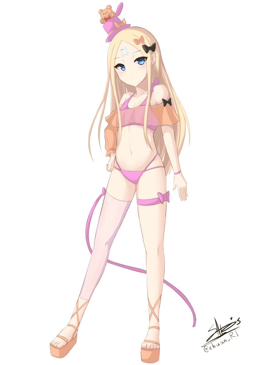 1girl abigail_williams_(fate/grand_order) absurdres bandaid_on_forehead bangs bare_shoulders black_bow blonde_hair blue_eyes blush bow bra breasts closed_mouth collarbone crossed_bandaids fate/grand_order fate_(series) forehead hair_bow hat highres ichikawayan legs long_hair looking_at_viewer mini_hat navel orange_bow panties parted_bangs pink_bra pink_panties pink_ribbon ribbon signature simple_background small_breasts solo sports_bra stuffed_animal stuffed_toy teddy_bear toes top_hat underwear white_background