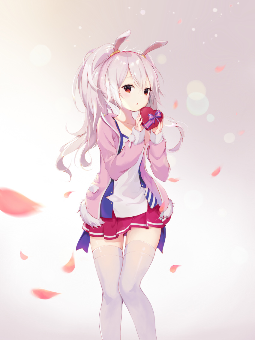 1girl animal_ears azur_lane bangs box commentary fake_animal_ears falling_petals hair_between_eyes headband heart-shaped_box highres holding holding_box jacket laffey_(azur_lane) long_sleeves looking_at_viewer medium_hair pleated_skirt rabbit_ears red_eyes red_skirt ribbon silver_hair simple_background skirt solo standing t-bth thigh-highs thigh_gap thighs twintails white_background white_legwear zettai_ryouiki