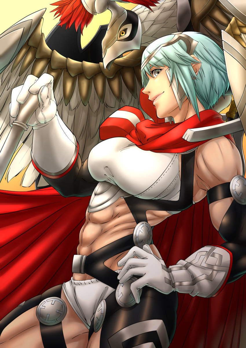 1girl abs aduti_momoyama animal biceps bird blue_hair breasts cape closed_mouth dagr_(fire_emblem) eyelashes fire_emblem fire_emblem_heroes gloves gradient gradient_background grey_eyes hand_on_hip highres light_blue_hair medium_breasts muscular muscular_female red_cape short_hair short_shorts shorts smile white_gloves white_shorts