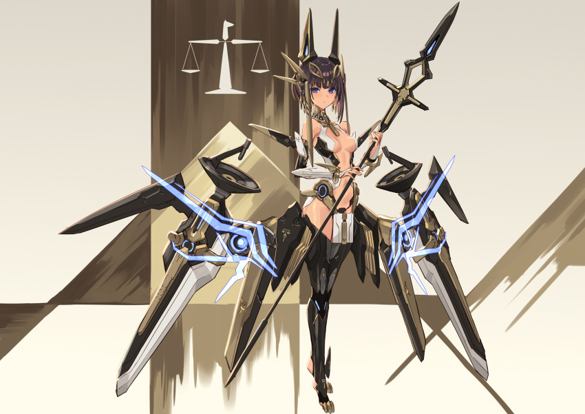 1girl alice_gear_aegis animal_ears black_footwear boots breasts bridal_gauntlets brown_hair center_opening commentary_request dark_skin egyptian_clothes elbow_gloves eyebrows_visible_through_hair eyeliner fake_animal_ears fingerless_gloves full_body gloves hair_ornament headgear highres makeup mecha_musume mechanical_ears medium_breasts navel original parted_lips pelvic_curtain polearm revealing_clothes short_hair sigm@ single_sidelock solo standing stirrup_legwear thigh-highs thigh_boots toeless_legwear violet_eyes weapon