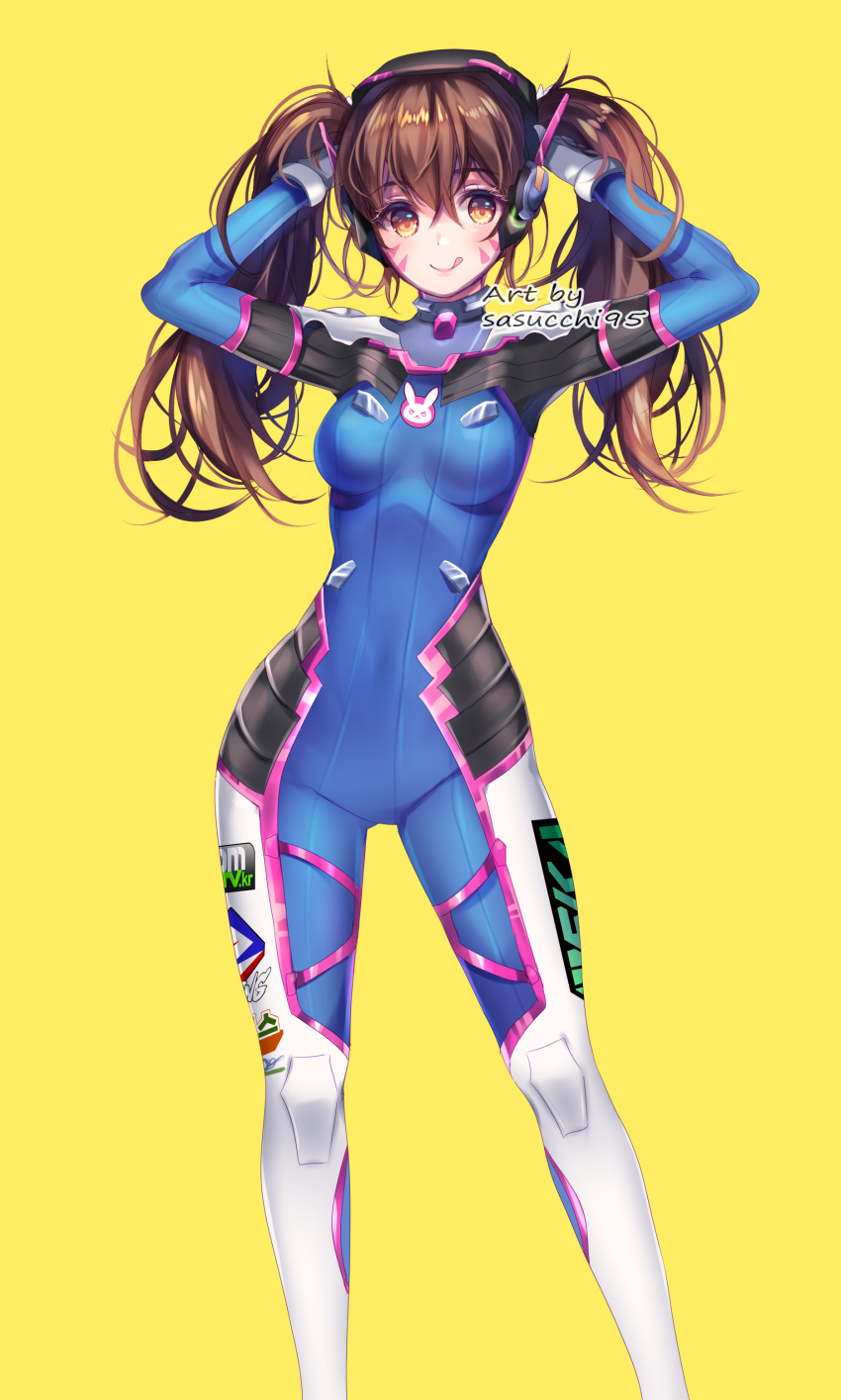 1girl ;q absurdres alternate_hairstyle animal_print artist_name ass_visible_through_thighs bangs blue_bodysuit bodysuit boots bracer breasts breasts_apart brown_eyes brown_hair bunching_hair bunny_print closed_mouth covered_navel cowboy_shot d.va_(overwatch) emblem eyebrows_visible_through_hair facepaint facial_mark gloves hair_between_eyes hands_in_hair hands_up headphones highres knee_pads legs_apart logo long_hair looking_at_viewer medium_breasts one_eye_closed overwatch pauldrons pilot_suit pose ribbed_bodysuit sasucchi95 shoulder_pads simple_background skin_tight smile solo standing thigh-highs thigh_boots thigh_strap tongue tongue_out turtleneck twintails whisker_markings white_footwear white_gloves yellow_background