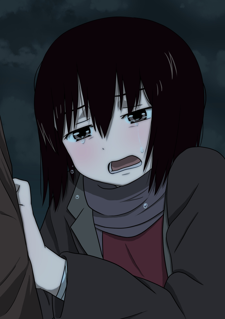 1girl absurdres aiu1 bangs black_hair blush bob_cut brown_coat brown_eyes clothes_grab clouds cloudy_sky coat commentary_request crying crying_with_eyes_open d: frown hair_between_eyes hand_on_another's_back highres nakahara_misaki nhk_ni_youkoso! night night_sky open_clothes open_coat open_mouth partial_commentary purple_scarf red_shirt sad scarf shirt short_hair sky solo_focus teardrop tears upper_body