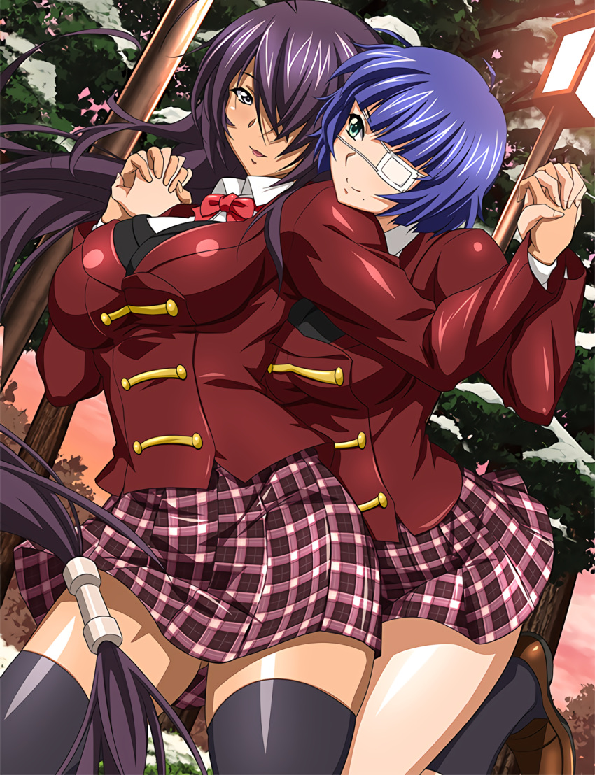 2girls black_legwear blue_hair bow bowtie brown_footwear collared_shirt dutch_angle evening eyepatch grey_eyes hair_over_one_eye highres holding_hands ikkitousen interlocked_fingers jacket kan'u_unchou loafers long_hair long_sleeves looking_at_viewer low-tied_long_hair miniskirt mole mole_under_mouth multiple_girls outdoors plaid plaid_skirt pleated_skirt purple_hair red_bow red_jacket red_neckwear ryomou_shimei shiny shiny_hair shirt shoes short_hair skirt smile standing thigh-highs very_long_hair white_shirt wing_collar zettai_ryouiki