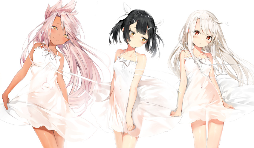 3girls bangs bare_arms bare_shoulders black_hair blush bow breasts brown_eyes chloe_von_einzbern closed_mouth collarbone covered_navel cowboy_shot dark_skin dress eyebrows_behind_hair eyebrows_visible_through_hair fate/grand_order fate/kaleid_liner_prisma_illya fate_(series) floating_hair frilled_dress frills gown hair_bow hair_ornament hair_ribbon hairclip half_updo head_tilt highres illyasviel_von_einzbern long_hair looking_at_viewer looking_away looking_down looking_to_the_side miyu_edelfelt multiple_girls no_panties open_mouth parted_lips pink_hair red_eyes ribbon see-through see-through_silhouette short_hair short_twintails sidelocks silver_(chenwen) simple_background skirt_hold sleeveless sleeveless_dress small_breasts smile standing stomach_tattoo tattoo thighs twintails very_long_hair white_background white_bow white_dress white_hair white_ribbon wind wind_lift x_hair_ornament