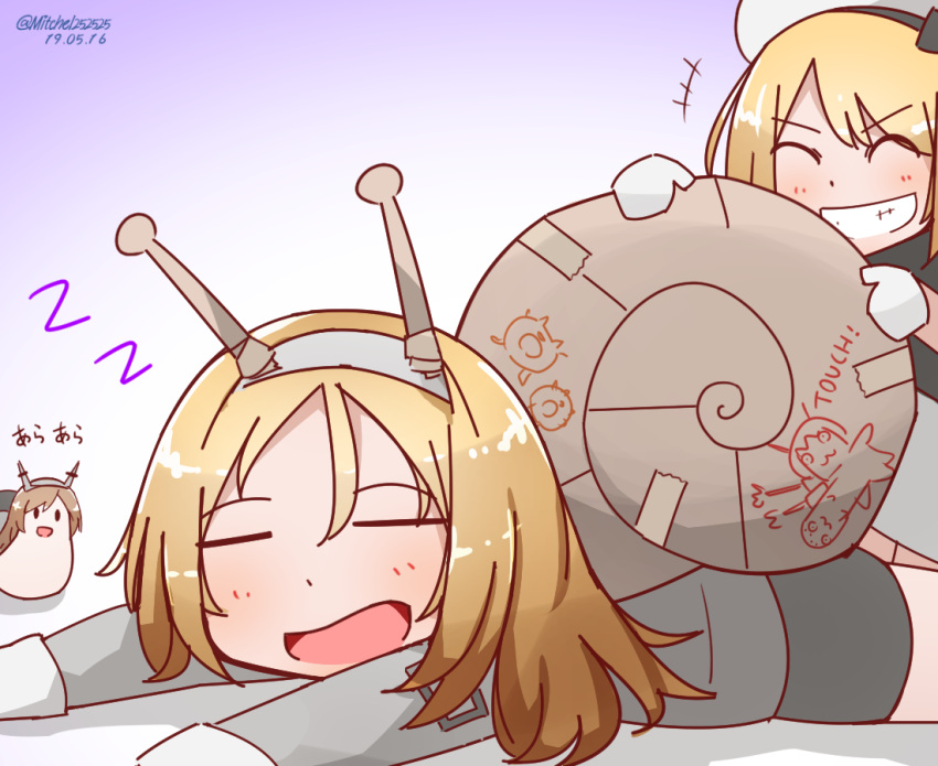 antennae artist_name blonde_hair cardboard cosplay dated hat headgear jervis_(kantai_collection) kantai_collection long_hair long_sleeves miccheru multiple_girls mutsu_(kantai_collection) mutsu_(kantai_collection)_(cosplay) mutsu_(snail) nelson_(kantai_collection) open_mouth sailor_hat skirt tape uniform zzz