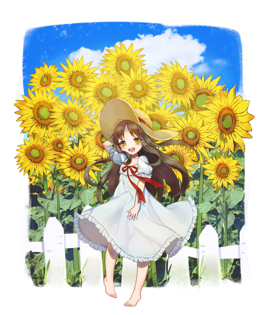 1girl :d absurdres barefoot blush brown_hair commentary_request dress fence flower hat highres korean_commentary long_hair looking_at_viewer open_mouth original outdoors pn_(wnsl216) puffy_short_sleeves puffy_sleeves red_ribbon ribbon round_teeth short_sleeves sky smile solo straw_hat sundress sunflower teeth yellow_eyes