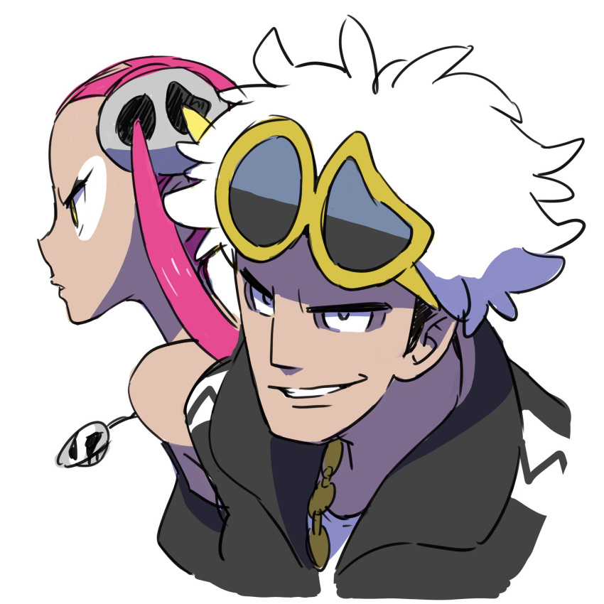 1boy 1girl black_jacket black_sclera black_tank_top chain eyeshadow eyewear_on_head gangster glasses gold_chain guzma_(pokemon) highlights highres jacket jewelry makeup multicolored_hair necklace pink_hair plumeri_(pokemon) pokemon pokemon_(game) pokemon_sm simple_background sugimori_ken sweatshirt tank_top team_skull twintails white_background white_eyes white_hair yellow_eyes