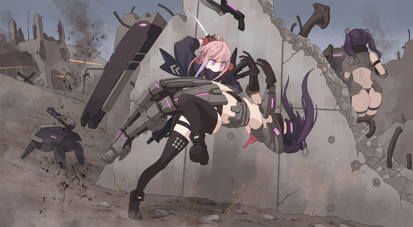 3girls ar-15 black_footwear black_legwear commentary dinergate_(girls_frontline) english_commentary gas_mask girls_frontline gloves guard_(girls_frontline) gun highres holding holding_knife holster jacket knife long_sleeves mod3_(girls_frontline) multicolored_hair multiple_girls pink_hair purple_hair red_gloves rifle sangvis_ferri shield st_ar-15_(girls_frontline) streaked_hair tab_(tabkun) thigh-highs thigh_holster thigh_strap violet_eyes weapon