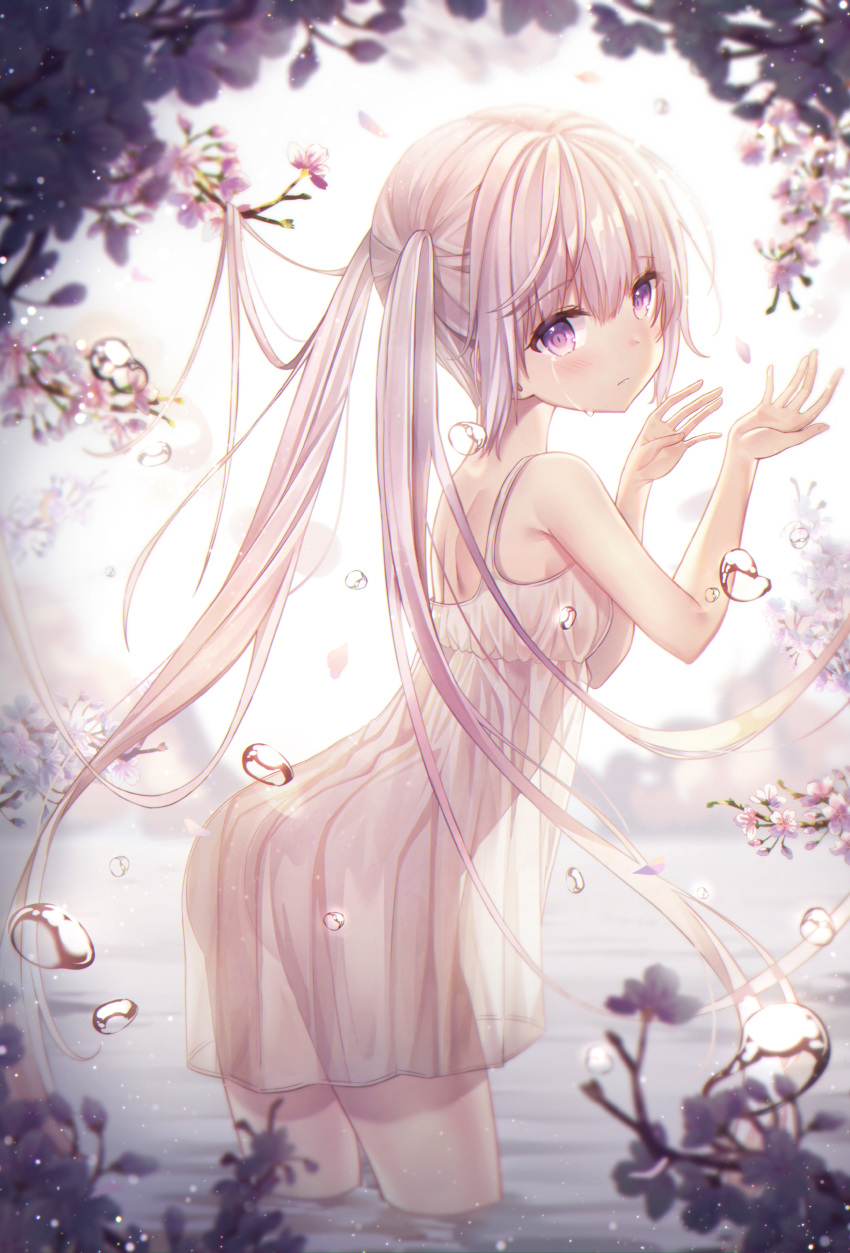 1girl absurdres ass bare_arms bare_shoulders blurry breasts closed_mouth crying crying_with_eyes_open depth_of_field dress flower hands_up head_tilt highres kyubi long_hair looking_at_viewer looking_back original petals pink_flower see-through silver_hair sleeveless sleeveless_dress small_breasts solo standing tears twintails very_long_hair violet_eyes wading water white_dress