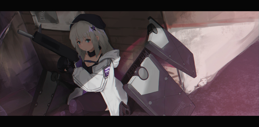 1girl aa-12_(girls_frontline) absurdres bags_under_eyes bangs black_choker black_headwear black_legwear blue_eyes candy choker food girls_frontline gloves gun hair_ornament highres holding holding_gun holding_weapon lollipop long_hair looking_at_viewer mouth_hold sidelocks silver_hair solo star star_hair_ornament thigh-highs weapon