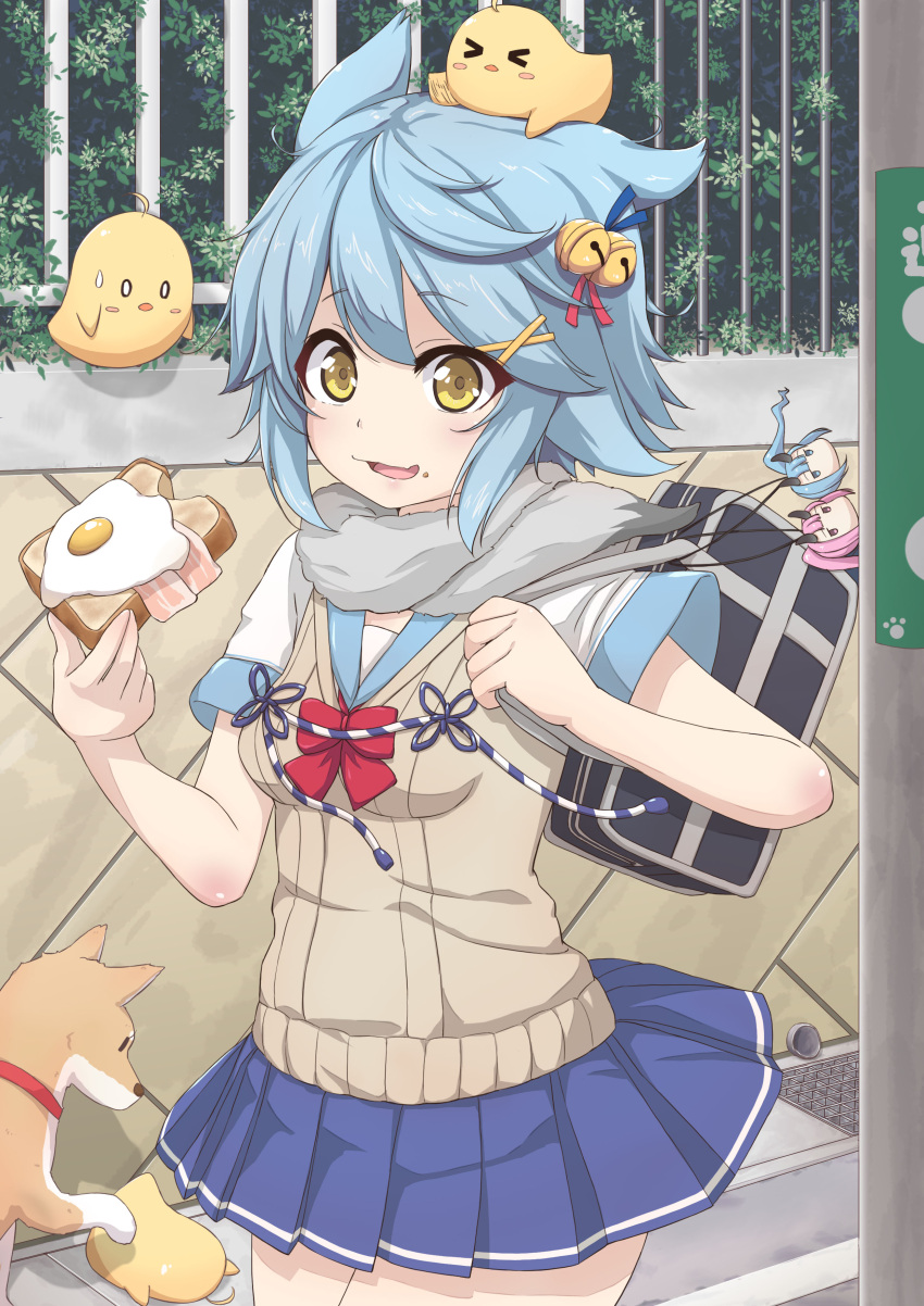 1girl 4others absurdres alternate_costume animal animal_ears animal_on_head azur_lane bacon bag bell blue_hair blue_skirt bread chick_on_head commentary_request cowboy_shot day dog egg food fox_ears fubuki_(azur_lane) grey_scarf hair_bell hair_ornament hairclip highres ikazuchi_(azur_lane) inazuma_(azur_lane) looking_at_viewer manjuu_(azur_lane) multiple_others on_head open_mouth outdoors pleated_skirt running scarf school_bag school_uniform short_hair skirt solo sweater_vest toast uniform yamataka yellow_eyes