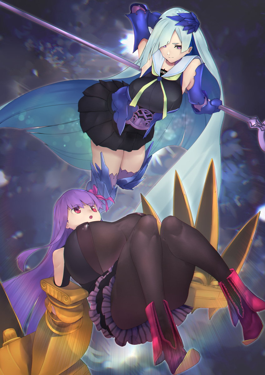 2girls absurdres armor breasts brynhildr_(fate) claws commentary_request fate/extra fate/extra_ccc fate/grand_order fate/prototype fate/prototype:_fragments_of_blue_and_silver fate_(series) gauntlets gigantic_breasts hair_over_one_eye hair_ribbon headpiece highres long_hair multiple_girls nanao_(aoyamahikari) pantyhose passion_lip pink_eyes pink_ribbon polearm purple_hair purple_ribbon ribbon spear spiky_hair thigh-highs very_long_hair violet_eyes weapon