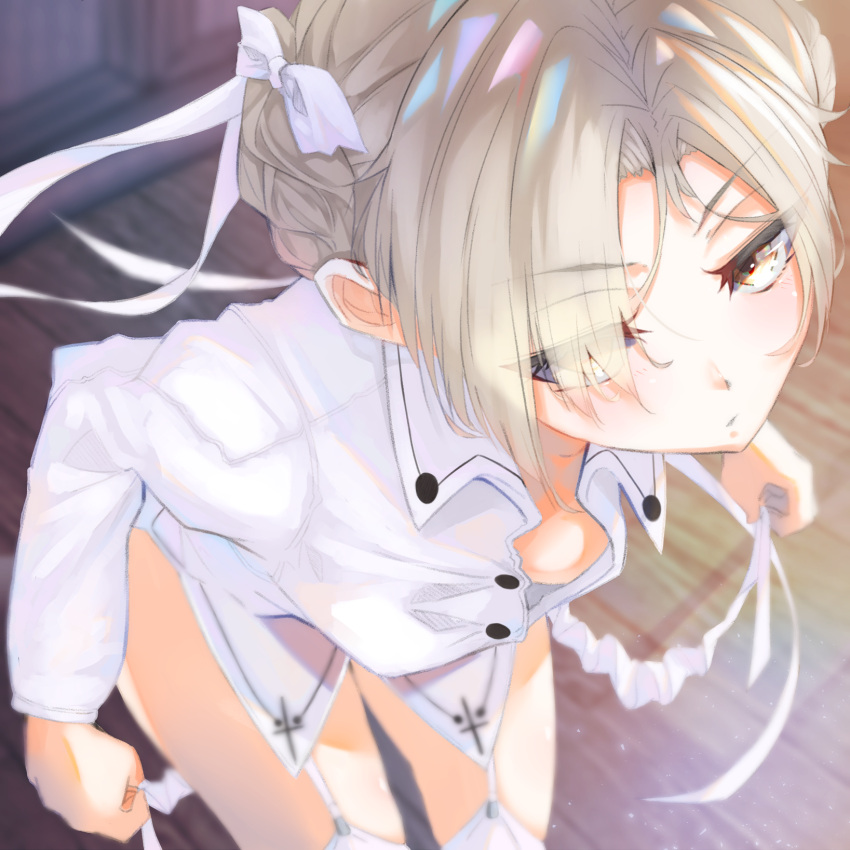 1girl azur_lane blonde_hair braid breasts collared_shirt commentary_request dressing eyes_visible_through_hair garter_straps hair_over_one_eye hair_ribbon highres indoors jitome light_particles long_sleeves looking_at_viewer maid maid_headdress murata_ryou parted_lips partially_unbuttoned ribbon sheffield_(azur_lane) shirt short_hair small_breasts solo white_ribbon white_shirt yellow_eyes