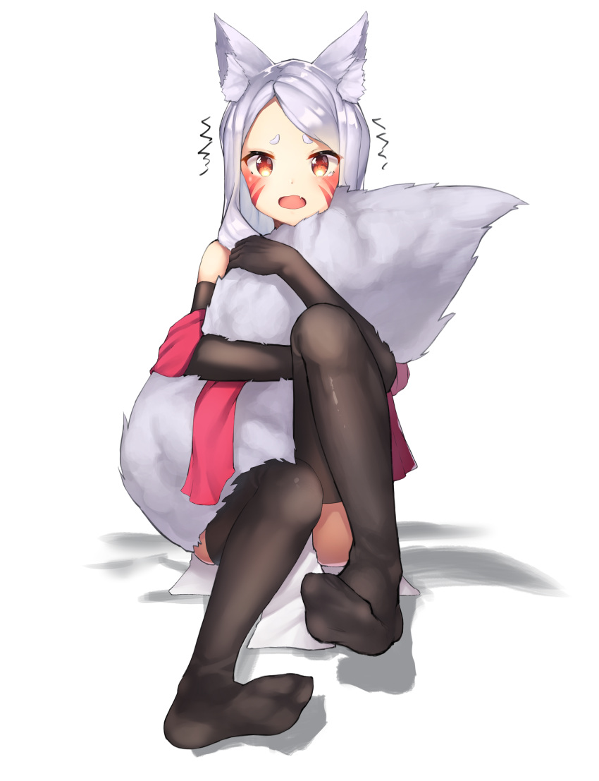 1girl absurdres animal_ear_fluff animal_ears bare_shoulders black_gloves black_legwear blush commentary_request dress elbow_gloves eyebrows facial_mark fang forehead fox_ears fox_tail gloves highres kimchanil legs long_hair open_mouth red_eyes red_scarf scarf sewayaki_kitsune_no_senko-san shiro_(sewayaki_kitsune_no_senko-san) short_dress silver_hair simple_background sitting solo strapless strapless_dress tail tail_hug thigh-highs white_background white_dress