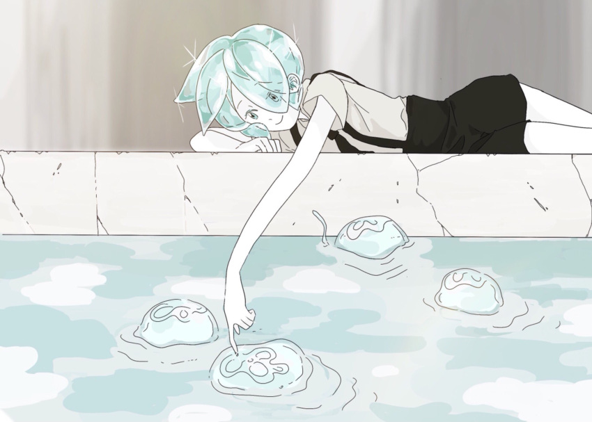 1other androgynous aqua_eyes aqua_hair crystal_hair eyes_visible_through_hair gem_uniform_(houseki_no_kuni) highres houseki_no_kuni jellyfish lying necktie on_stomach phosphophyllite short_hair smile solo sone_(sazikiri0302) suspenders water white_skin