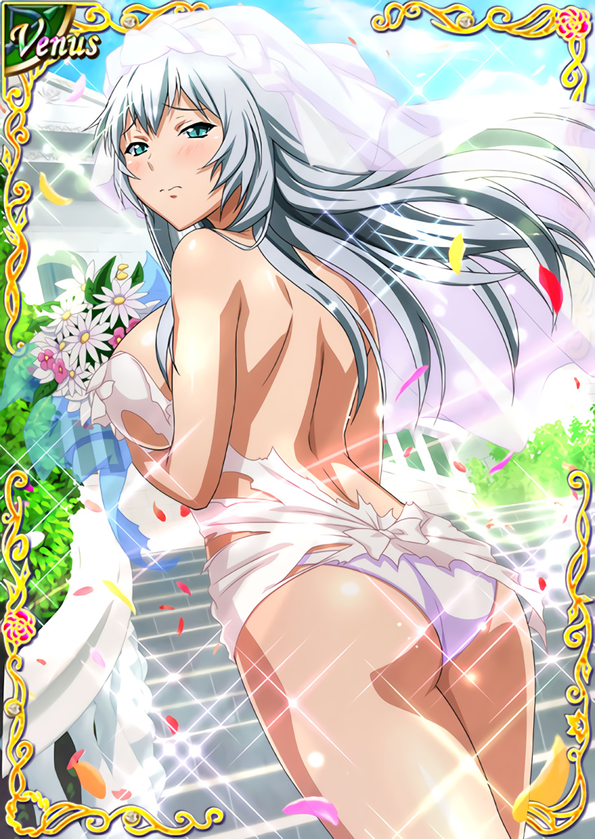 1girl aqua_eyes blush bouquet breasts bridal_veil card_(medium) chouun_shiryuu day dress embarrassed floating_hair flower hair_between_eyes highres holding holding_bouquet ikkitousen large_breasts long_hair looking_at_viewer outdoors panties pink_flower shiny shiny_hair shoulder_blades sideboob silver_hair solo sparkle stairs standing sunlight torn_clothes torn_dress underwear veil white_flower white_panties