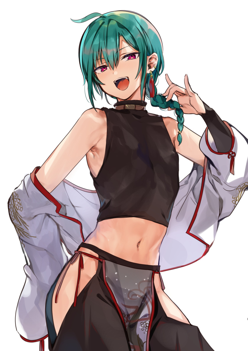 1other absurdres ahoge androgynous armpits bare_hips bare_shoulders chinese_clothes commentary_request ear_piercing earrings green_hair highres holding holding_hair jewelry konbu_wakame midriff navel nijisanji piercing ryuushen short_hair side_braids violet_eyes virtual_youtuber