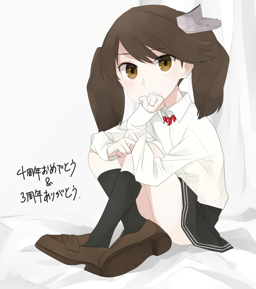1girl absurdres black_legwear black_skirt brown_footwear brown_hair commentary_request highres jewelry kantai_collection kneehighs knees_up loafers long_sleeves looking_at_viewer magatama miniskirt pleated_skirt ring ryuujou_(kantai_collection) shirt shoes sitting skirt solo translation_request twintails visor_cap white_shirt yamamo younger