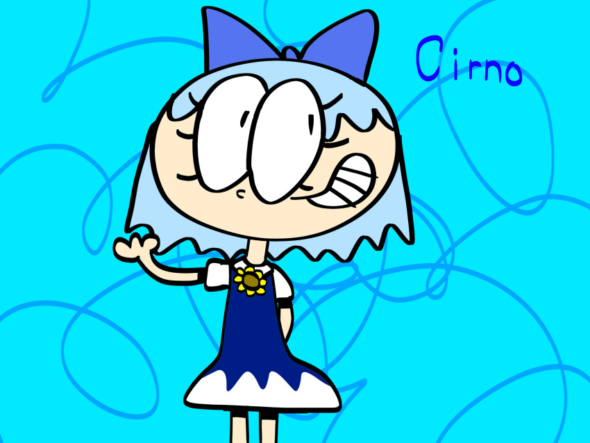 1girl arm_behind_back bad_anatomy blue_background blue_bow blue_dress blue_hair blue_theme bow character_name chiaragamer457 cirno commentary dress hair_bow highres no_wings self_upload smile solo touhou