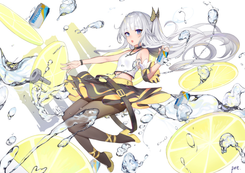 1girl :o artist_name bare_arms bare_shoulders belt black_choker black_skirt blue_eyes bolt brown_legwear can choker commentary_request crop_top crop_top_overhang floating_hair food fruit hair_ornament holding holding_can lemon lemon_slice long_hair looking_at_viewer loose_belt midriff miniskirt one_side_up open_mouth original pantyhose pre_(17194196) shirt shoes silver_hair skirt sleeveless sleeveless_shirt soda_can solo striped very_long_hair water white_shirt wristband yellow_footwear