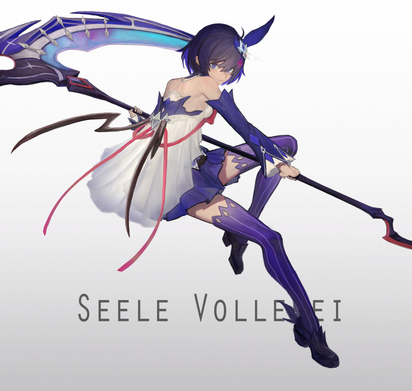 1girl absurdres bangs bare_shoulders black_footwear black_hair blue_eyes blue_hair breasts character_name commentary_request cutye detached_sleeves dress eyebrows_visible_through_hair full_body hair_between_eyes hair_ornament highres holding holding_scythe honkai_(series) honkai_impact_3rd looking_at_viewer medium_breasts multicolored_hair purple_legwear scythe seele_vollerei shoes short_hair skirt smile solo thigh-highs