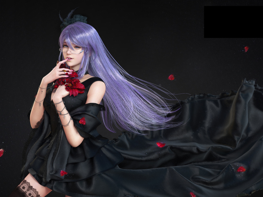 1girl 3d black_background black_dress black_legwear dress finger_to_mouth glasses highres kamishiro_rize li_shan long_hair petals purple_hair rose_petals solo thigh-highs third-party_edit tokyo_ghoul