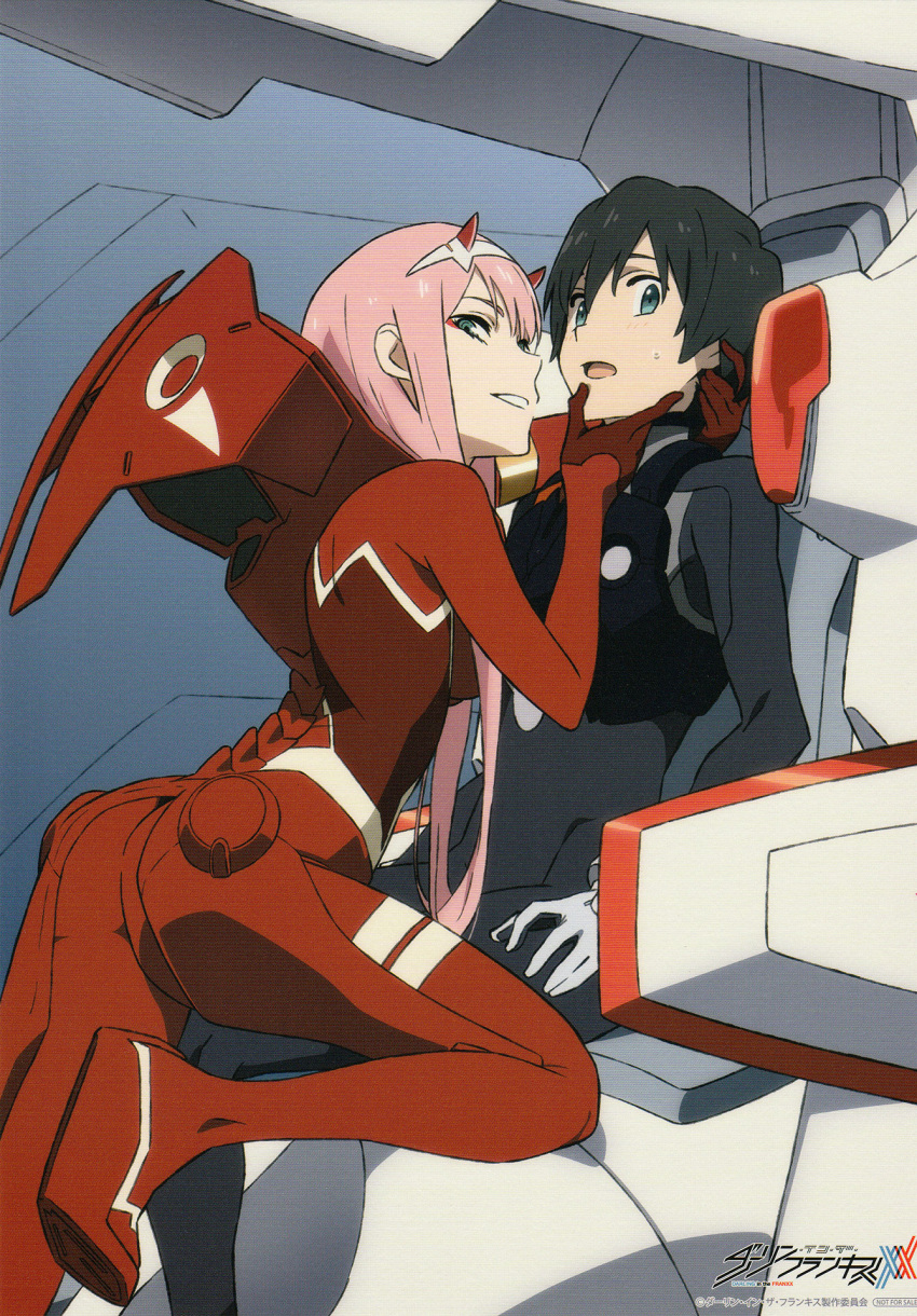 1boy 1girl ass bad_id bad_yandere_id bangs black_bodysuit black_hair blue_eyes bodysuit breasts copyright_name couple darling_in_the_franxx gloves green_eyes hair_ornament hairband hand_on_another's_chin hand_on_another's_neck hand_on_own_leg hetero highres hiro_(darling_in_the_franxx) horns leg_up long_hair looking_at_viewer medium_breasts official_art oni_horns pilot_suit pink_hair red_bodysuit red_gloves red_horns scan sitting sweatdrop tanaka_masayoshi white_gloves white_hairband zero_two_(darling_in_the_franxx)