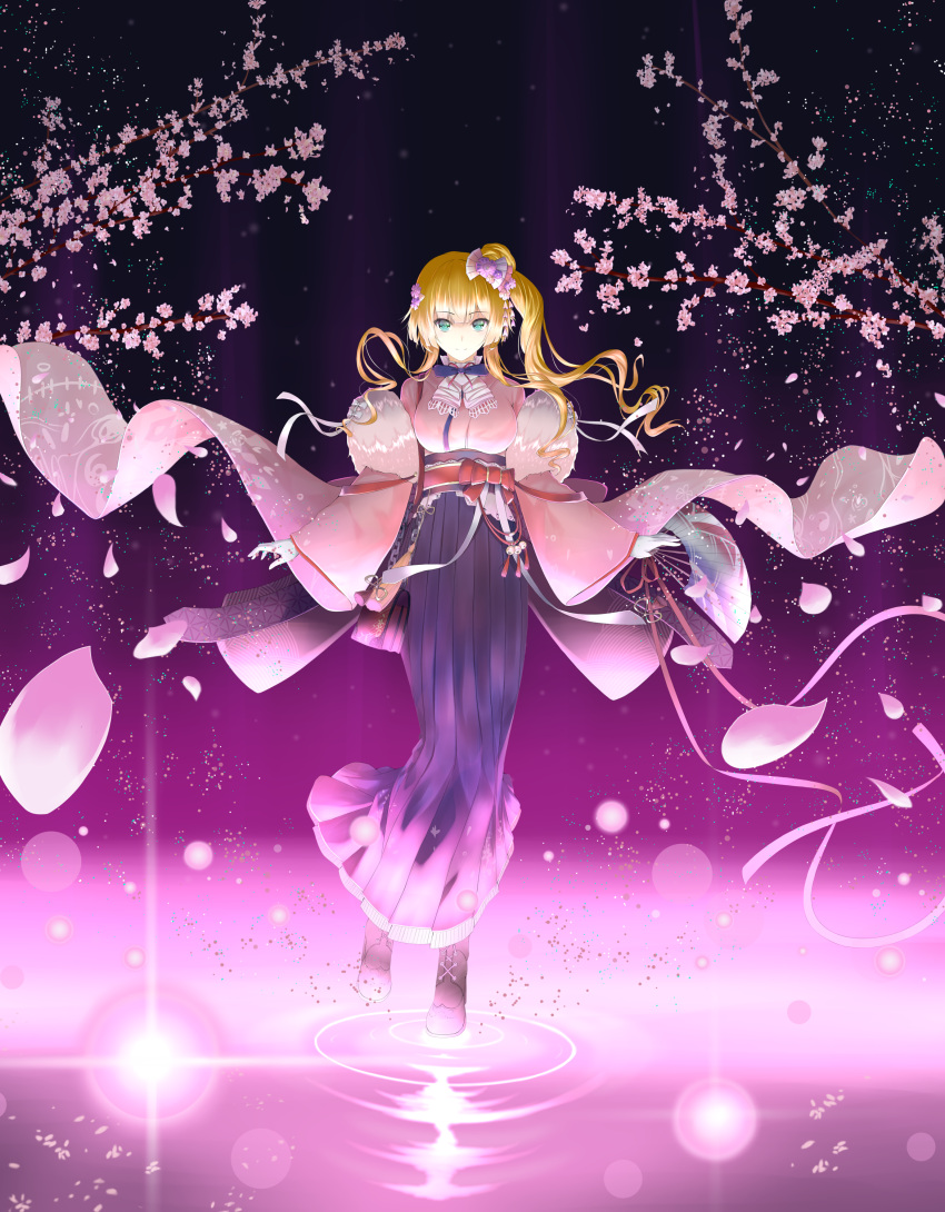 1girl absurdres azur_lane blonde_hair blue_eyes boots bow cherry_blossoms commentary_request eyebrows_visible_through_hair flower hair_bow hair_flower hair_ornament hajikaji highres japanese_clothes kimono kimono_skirt kongou_(azur_lane) light_smile long_hair long_skirt looking_at_viewer petals side_ponytail skirt solo standing standing_on_liquid water