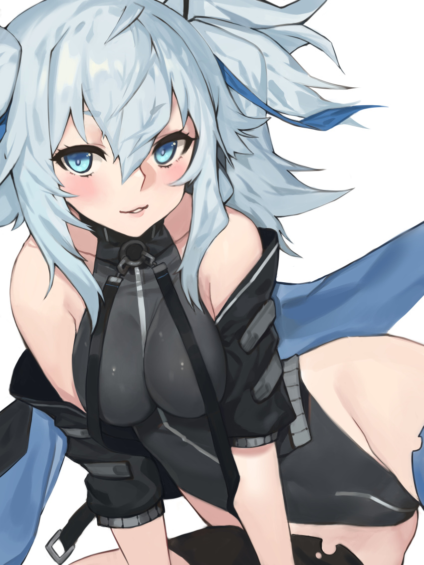 1girl absurdres arm_support bangs bare_shoulders black_jacket black_leotard blue_eyes blue_legwear blue_ribbon blush breasts capelet collarbone commentary eyebrows_visible_through_hair girls_frontline groin hair_between_eyes hair_ribbon highleg highleg_leotard highres jacket jam_(nandade) korean_commentary leotard light_blue_hair looking_at_viewer medium_breasts medium_hair messy_hair off_shoulder open_clothes open_jacket pa-15_(girls_frontline) parted_lips ribbon short_eyebrows sidelocks simple_background single_thighhigh smile solo thigh-highs twintails white_background