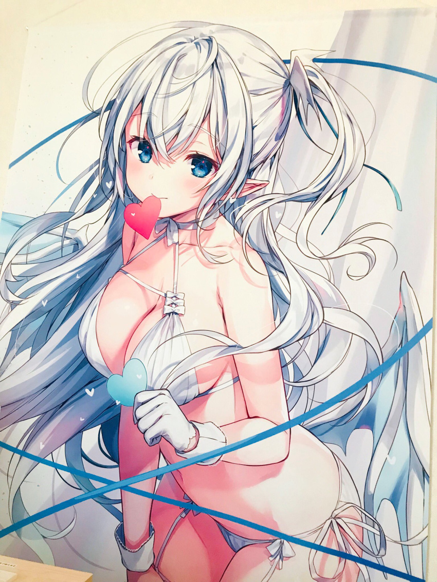 1girl bangs bare_shoulders blue_eyes blush bra breasts choker collarbone cowboy_shot dragon_wings earrings eyebrows_visible_through_hair garter_straps gloves hair_between_eyes heart highres holding jewelry komeshiro_kasu large_breasts leaning_forward long_hair looking_at_viewer mouth_hold navel one_side_up original panties photo pointy_ears sidelocks smile solo stomach thigh-highs underwear very_long_hair white_bra white_gloves white_hair white_panties wings wrist_cuffs