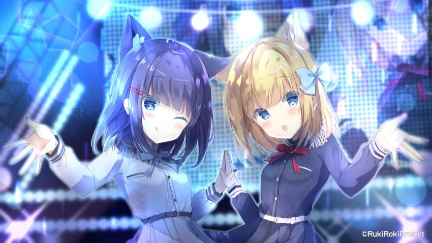 2girls :o ;q animal_ear_fluff animal_ears black_shirt black_skirt blonde_hair blue_eyes blue_hair blurry blurry_background blush cat_ears closed_mouth collared_shirt commentary_request depth_of_field dress_shirt epaulettes fang fingernails hand_up hands_together head_tilt highres multiple_girls nail_polish one_eye_closed parted_lips pleated_skirt purple_nails rukiroki saeki_sora sasugano_roki sasugano_ruki shirt skirt smile tongue tongue_out twitter_username upper_body white_shirt white_skirt yellow_nails