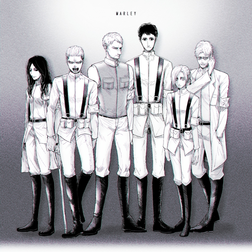 2girls 4boys annie_leonhardt armband belt bertolt_hoover black_hair boots crutch full_body glasses greyscale hand_in_pocket harmaki highres long_hair long_sleeves military military_uniform monochrome multiple_boys multiple_girls pants pieck porco_galliard reiner_braun shingeki_no_kyojin short_hair spoilers standing uniform vest zeke_yeager